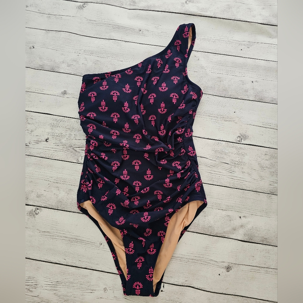 J. Crew Factory Printed Ruchef One-Shoulder Pink and Navy One Piece